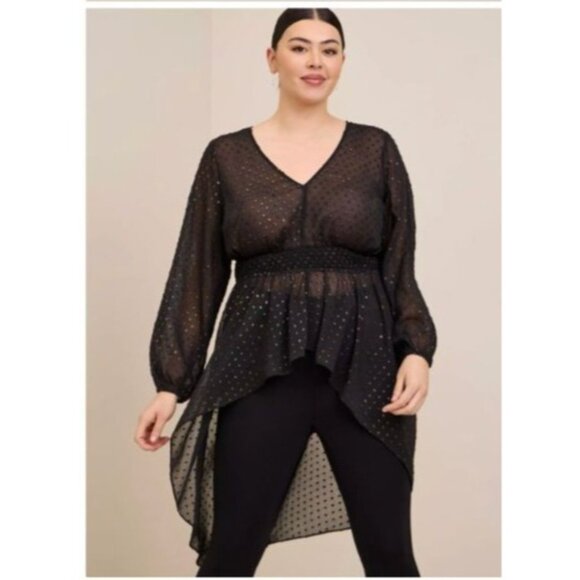 Torrid Chiffon top size 1X Rainbow Clip Dot Smocked Waist Extreme High Low sheer - Picture 6 of 7